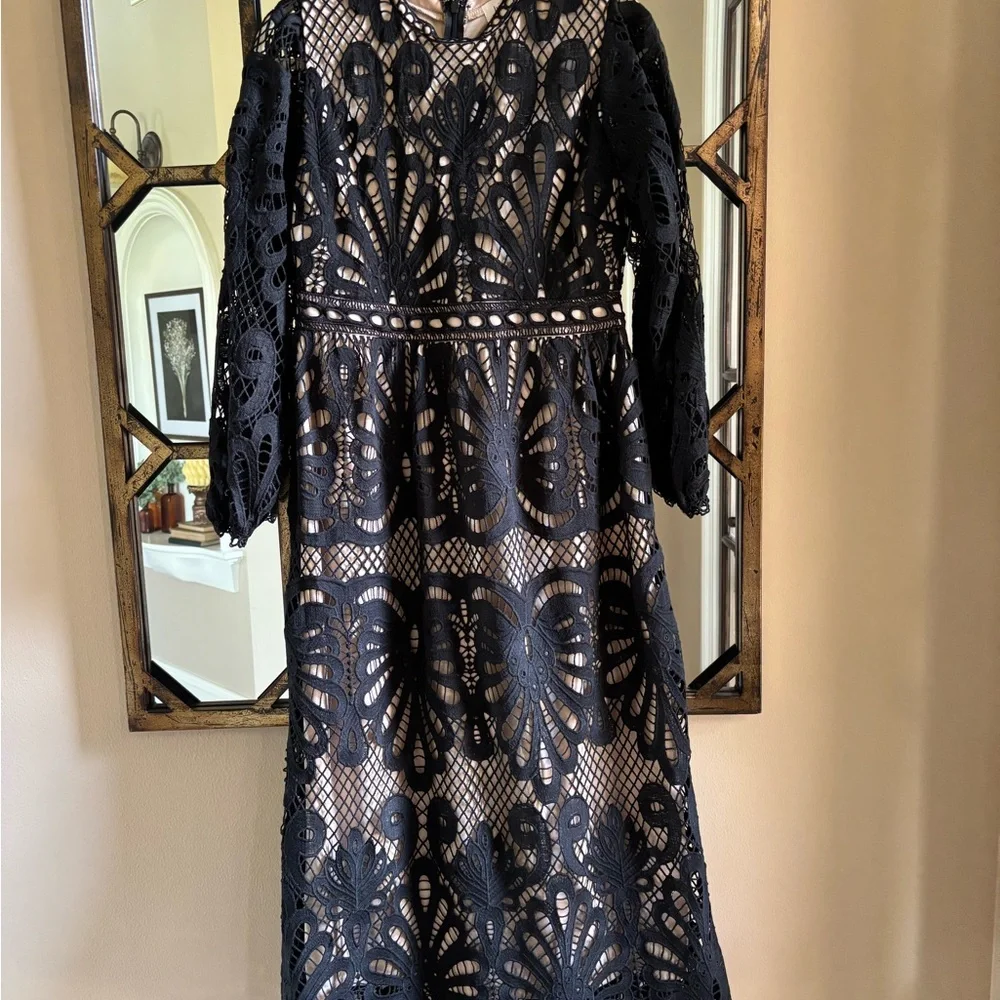 Bohme Black Tan Long Sleeve Mock Neck Cocktail Gown - Picture 8 of 11